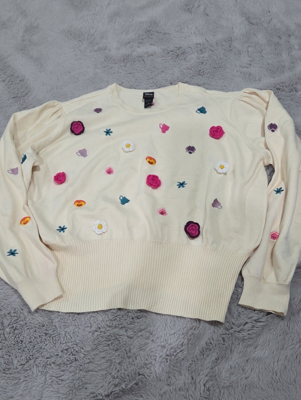 Disney Her Universe Alice In Wonderland Floral Embroidered Puff-Sleeve Sweater